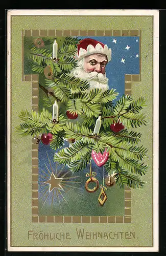 AK Weihnachtsmann blickt versteckt hinter Tannenzweigen hervor
