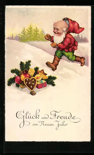 Künstler-AK Glückwunsch zum Neuen Jahre, Zwerg mit Lebkuchen im Schnee
