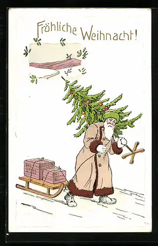 AK Weihnachtsmann mit Tannenbaum und Geschenken im Schnee