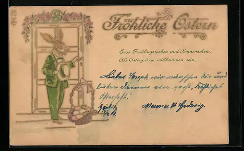 AK Osterhase klopft an der Tür zu Ostern