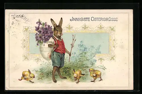 AK Osterhase und Osterküken wünschen frohe Ostern