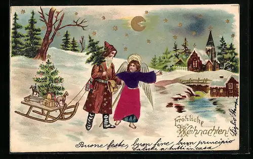 AK Weihnachtsmann und Christkind mit Geschenken auf dem Weg ins nächste Dorf