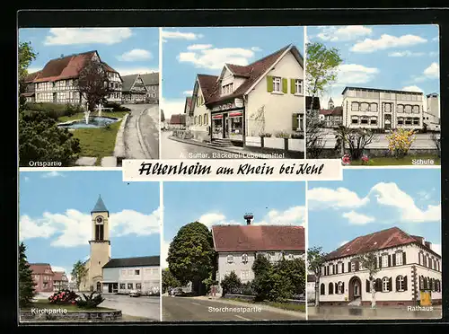 AK Altenheim a. Rhein, Ortsansicht, Rathaus, Kirchpartie