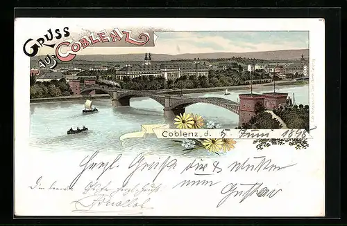 Lithographie Coblenz, Gesamtansicht mit Brücke