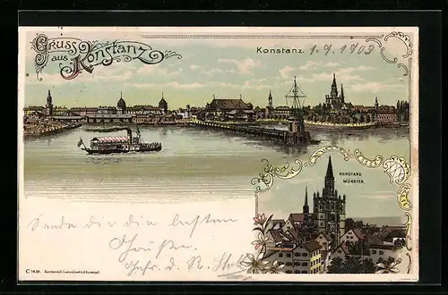 Lithographie Konstanz, Teilansicht mit Dampfer, Münster