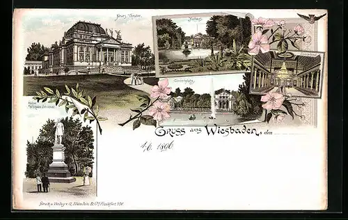 Lithographie Wiesbaden, Neues Theater, Kurhaus, Konzertsaal, Konzertplatz, Kaiser Wilhelm-Denkmal