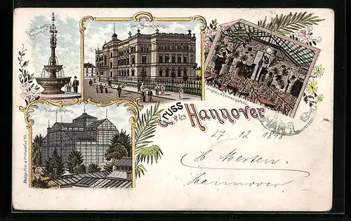 Lithographie Hannover, Ständehaus, Palmenhaus, Inneres des Gasthof Palmengarten