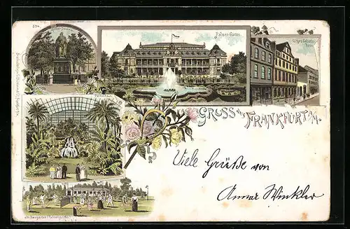Lithographie Frankfurt a / M.-Westend, Göthe-Denkmal, Palmen-Garten, Göthe`s Geburtshaus