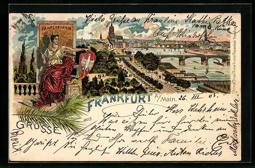 Lithographie Frankfurt a. Main, Uferpartie mit Kirche und Brücke, Francofurtia