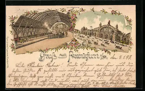 Lithographie Frankfurt a. M., Hauptbahnhof mit Innenansicht
