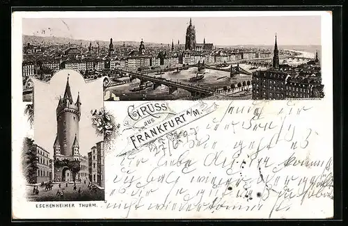 Lithographie Frankfurt a. M., Eschenheimer Thurm, Gesamtansicht
