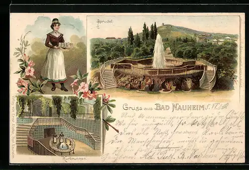 Lithographie Bad Nauheim, Sprudel, Kurbrunnen, Kellnerin