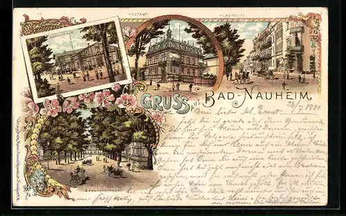 Lithographie Bad Nauheim, Badehäuser, Postamt, Kurstrasse