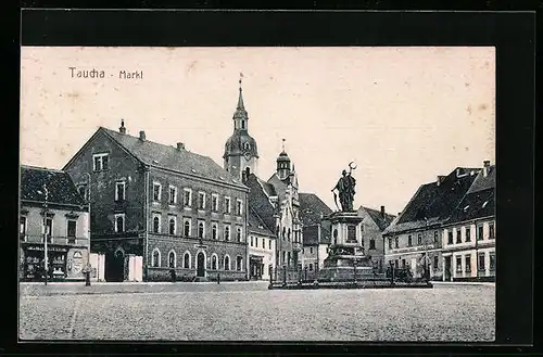 AK Taucha, Markt mit Brunnen