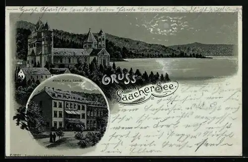 Mondschein-Lithographie Glees, Hotel Maria-Laach, Laacher See