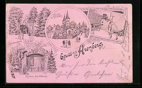 Lithographie Arenberg, Christus am Oelberg, Lourdesgrotte, Kirche un Arenberg