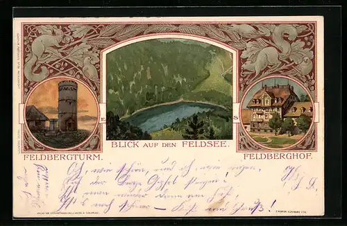 Lithographie Feldberg, Feldsee, Feldbergturm, Hotel Feldbergerhof