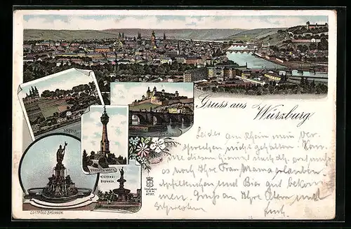 Lithographie Würzburg, Luitpoldbrunnen, Frankenwarte, Festung, Käpple, Ortsansicht