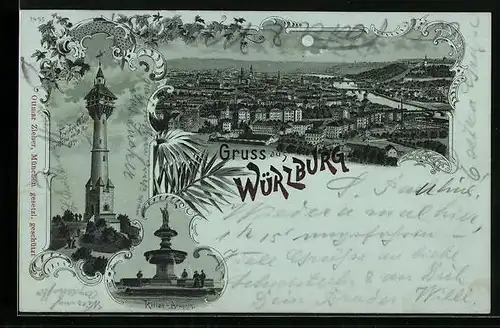 Mondschein-Lithographie Würzburg, Franken-Warte, Kilian-Brunnen, Gesamtansicht