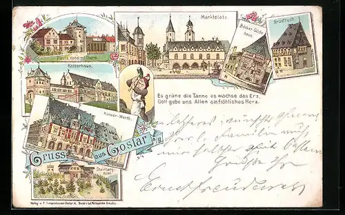 Lithographie Goslar, Kaiserhaus, Pauls Hotel mit Urm, Marktplatz
