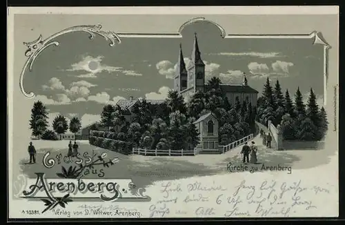 Mondschein-Lithographie Arenberg, Blick zur Kirche