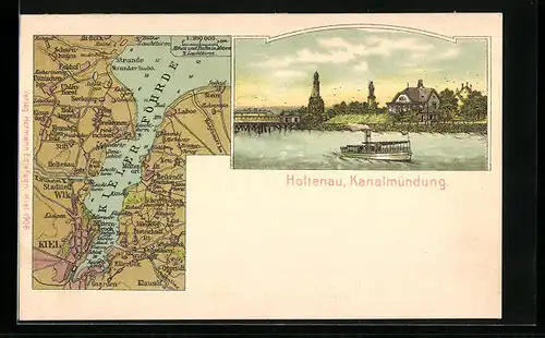 Künstler-AK Holtenau, Partie an der Kanalmündung, Karte der Kieler Föhrde