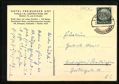 AK Freiburg i. B., Hotel Freiburger Hof, Strasse 258, Martinstor