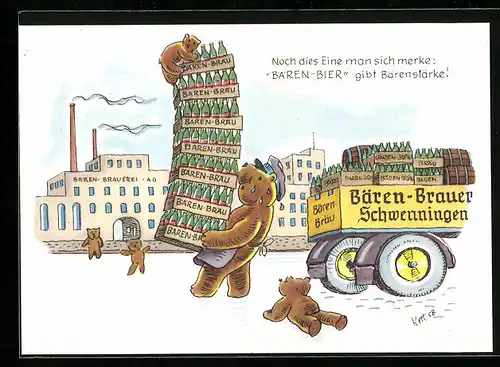 Künstler-AK Schwenningen a. N., Noch dies Eine man sich merke: Bären-Bier gibt Bärenstärke! Brauerei