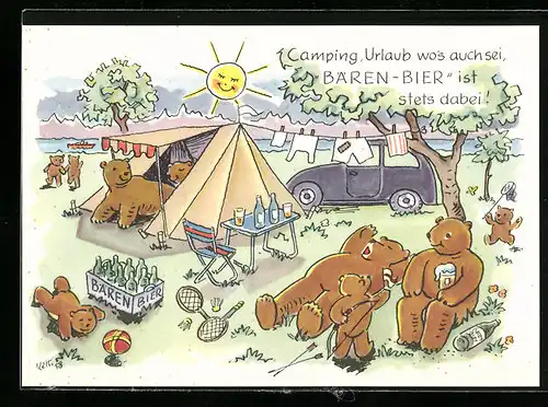 Künstler-AK Schwenningen a. Neckar, Camping, Urlaub wo`s auch sei, Bären-Bier ist stets dabei!, Brauerei-Werbung