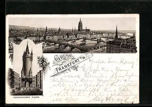 Lithographie Frankfurt a. M., Totalansicht, Eschenheimer Thurm