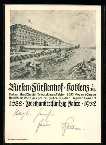 AK Koblenz a. Rh., Hotel Riesen-Fürstenhof