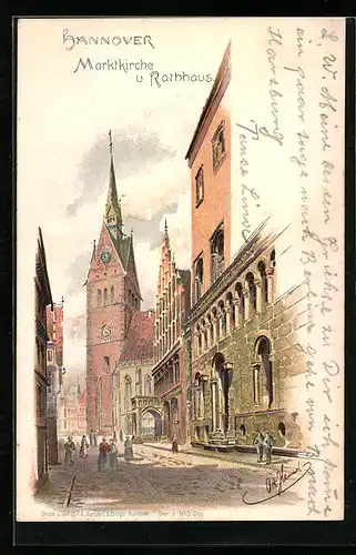 Lithographie Hannover, Marktkirche und Rathaus