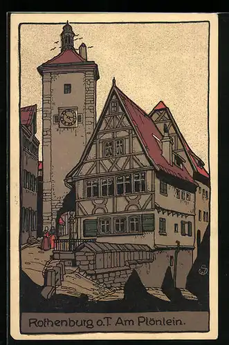 Steindruck-AK Rothenburg o. T., Am Plönlein mit Turm