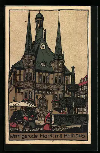 Steindruck-AK Wernigerode, Rathaus & Markt