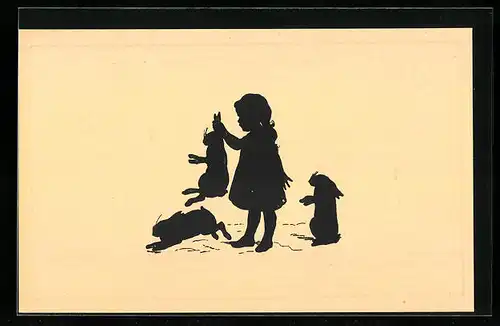 Künstler-AK Paul Konewka: Mädchen mit Kaninchen, Scherenschnitt