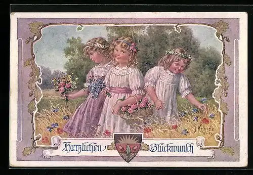Künstler-AK Kränzle, Deutscher Schulverein Nr. 721: Herzlichen Glückwunsch, Blumenmädchen auf einer Wiese