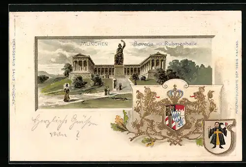 Passepartout-Lithographie München, Bavaria mit Ruhmeshalle, Wappen, Müchner Kindl
