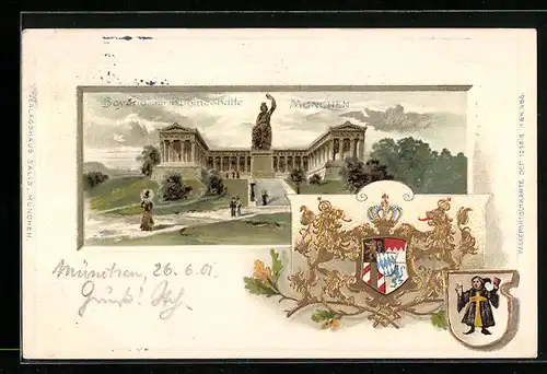 Passepartout-Lithographie München, Bavari mit Ruhmeshalle, Wappen, Münchner Kindl