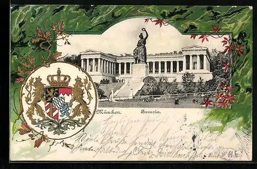 Passepartout-Lithographie München, Bavaria mit Ruhmeshalle, Wappen