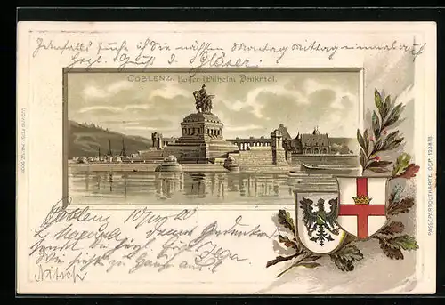 Passepartout-Lithographie Coblenz, Kaiser Wilhelm Denkmal, Wappen