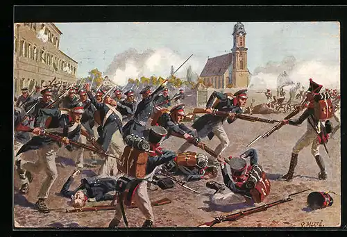 Künstler-AK O. Merte: Erstürmung d. Grimmaischen Tores am 19. Oktober 1813, d. ostpr. Landwehr-Bataillon, Major Friccius