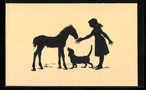 Künstler-AK Paul Konewka: Pferdchen!, Mädchen füttert ein Fohlen, Dackel