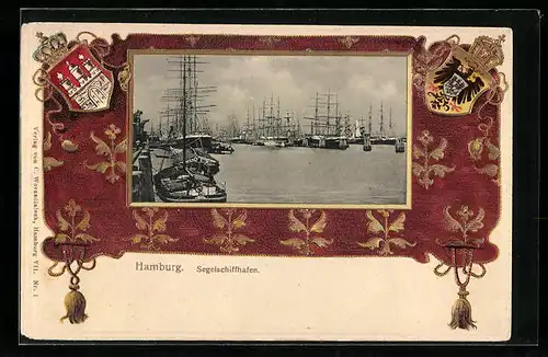 Passepartout-Lithographie Hamburg, Blick in den Segelschiffhafen, Wappen