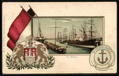 Passepartout-Lithographie Hamburg, Im Hafen, Wappen