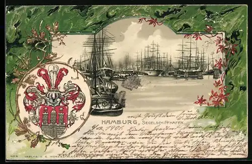 Passepartout-Lithographie Hamburg, Segelschiffhafen, Wappen