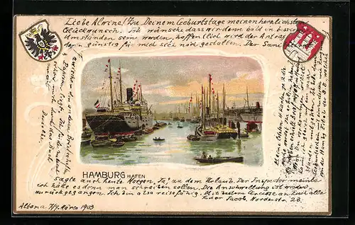 Passepartout-Lithographie Hamburg-Harburg, Hafen, Wappen