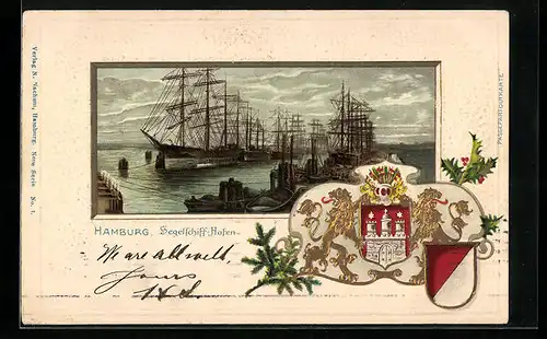 Passepartout-Lithographie Hamburg, Ansicht vom Segelschiff-Hafen, Wappen