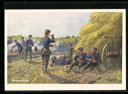 Künstler-AK Richard Knoetel: Soldaten bei einer Rast, Biwaksmahlzeit