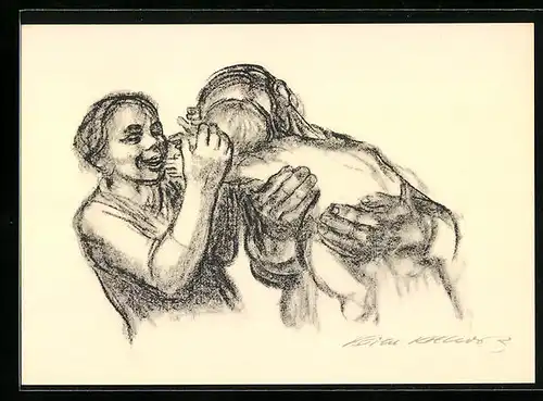 Künstler-AK Käthe Kollwitz: Familie, Vater, Mutter und Kind geniessen ihr Glück