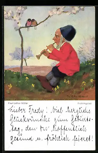 Künstler-AK Paul Lothar Müller: Zwerg spielt auf der Flöte ein Frühlingslied
